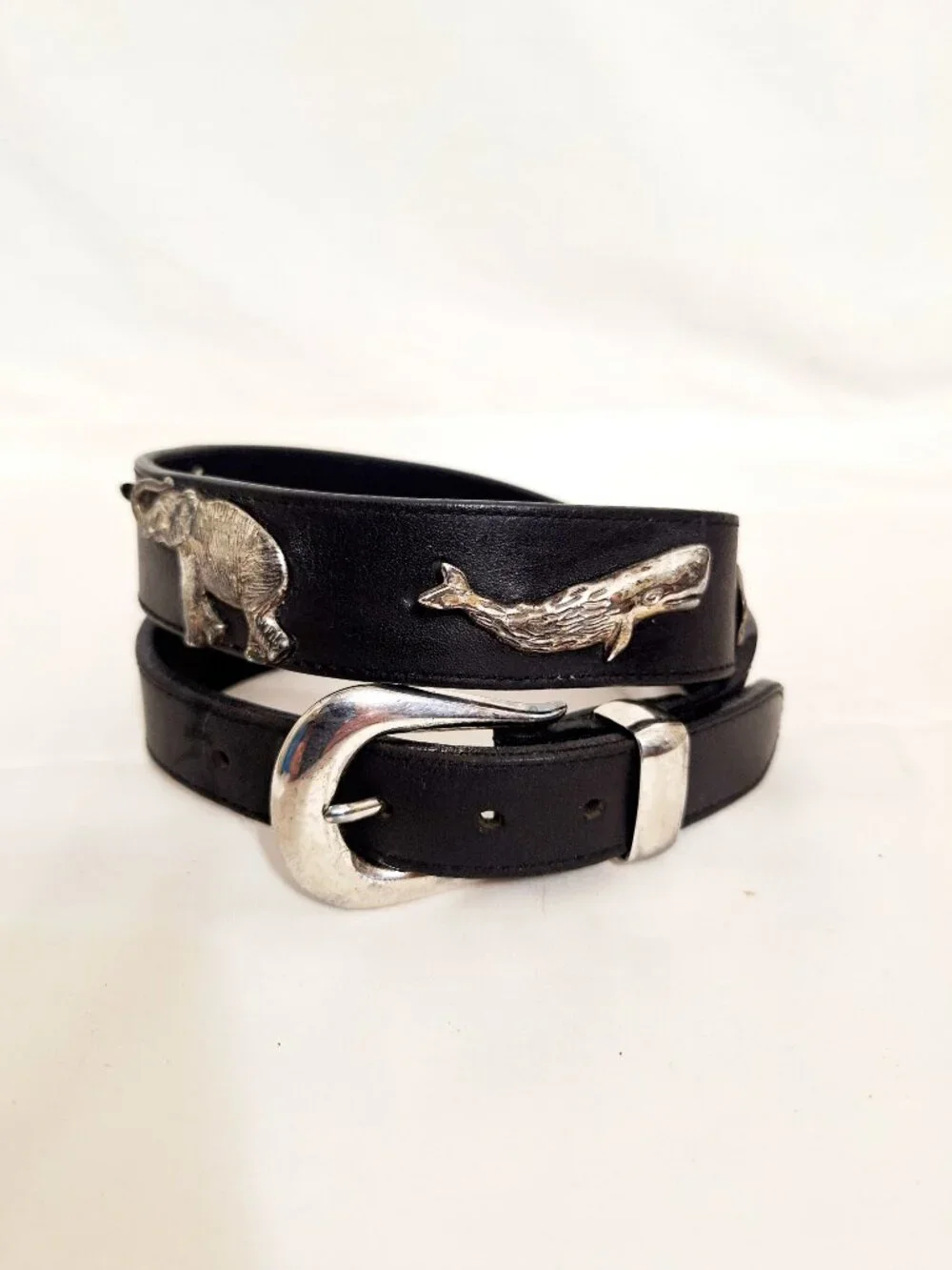 HONEST Company Metal Animal Belt Sz 30 M/L Black Leather Vintage 1991